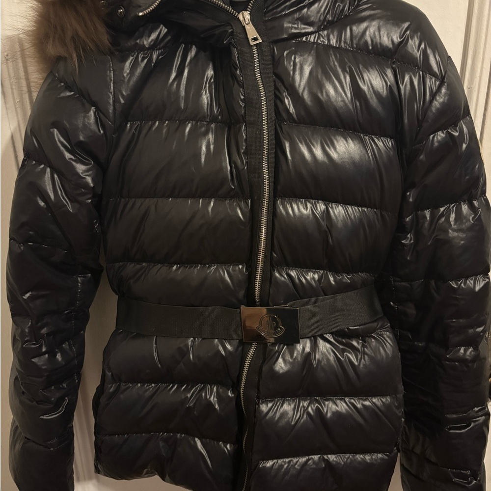 Moncler Shiny Black Puffer Jacket with Belt